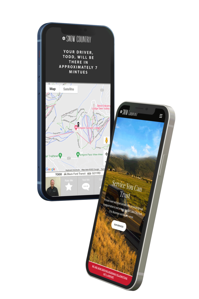 Zwei Smartphones zeigen verschiedene Ansichten einer App. Ein Bildschirm zeigt eine Karte mit der Nachricht ‚Ihr Fahrer, Todd, wird in etwa 7 Minuten da sein‘. Der andere Bildschirm zeigt eine Landschaft mit der Überschrift ‚Service You Can Trust‘ und einer Beschreibung eines Transportservices