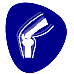 Symbolgrafik eines Kniegelenks mit stilisierter Bewegungslinie, die eine Beugung darstellt, vor einem blauen Hintergrund mit abgerundeter Form